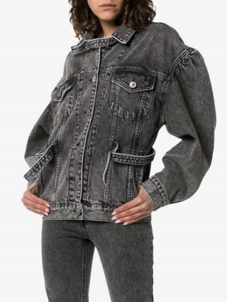 PushBUTTON Buckle Embellished Peasant Sleeve Denim Jacket in Washed Black | dropped gathered shoulder jackets