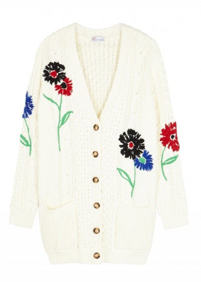 RED VALENTINO Cream embroidered cable-knit cardigan ~ floral cardigans