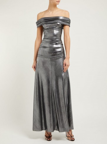MARIA LUCIA HOHAN Reem metallic jersey off-the-shoulder gown ~ silver bardot event gowns
