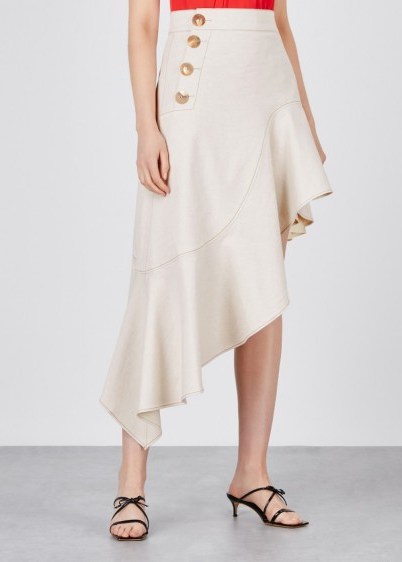 REJINA PYO Ella asymmetric cotton-blend skirt in stone ~ ruffled hemline - flipped