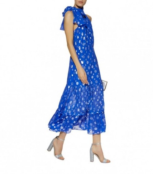 Rixo Eleanor Halterneck Midi Dress in Blue ~ metallic polka dots - flipped