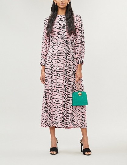 RIXO Emma flared tiger-print silk dress in pink – wild animal print fashion - flipped