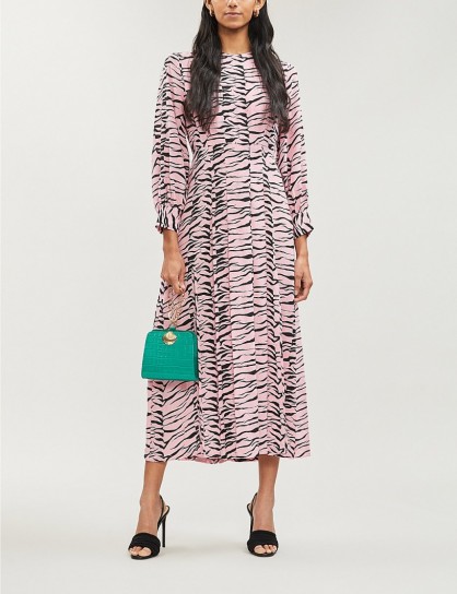 RIXO Emma flared tiger-print silk dress in pink – wild animal print fashion