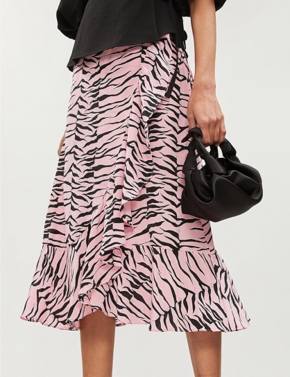 RIXO Gracie ruffle-trimmed tiger-print silk skirt in pink and black