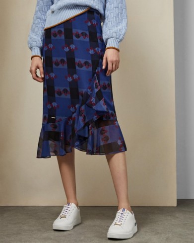 Ted Baker KORTEZ Robot print midi skirt in bright-blue – asymmetric ruffles