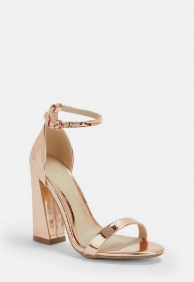 MISSGUIDED rose gold flared block barely there heels ~ metallic evening shoes