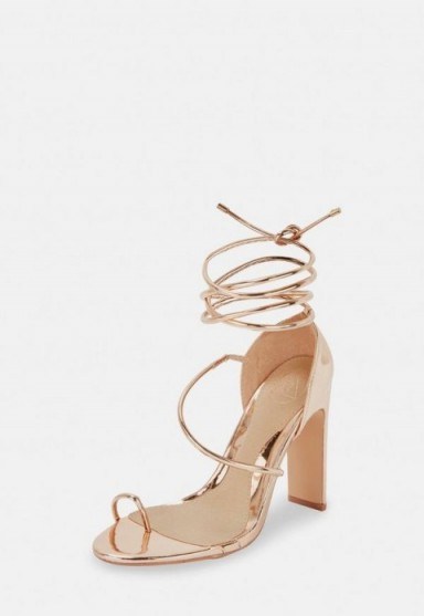 MISSGUIDED rose gold strappy toe post heeled sandals ~ glam party heels - flipped