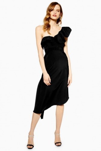 Topshop Ruffle One Shoulder Midi Dress in black | party glamour - flipped