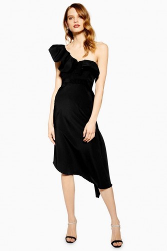 Topshop Ruffle One Shoulder Midi Dress in black | party glamour