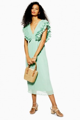 Topshop Ruffle Pleated Midi Dress in Green | deep V-neckline dresses | spring fashion - flipped