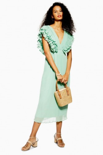 Topshop Ruffle Pleated Midi Dress in Green | deep V-neckline dresses | spring fashion
