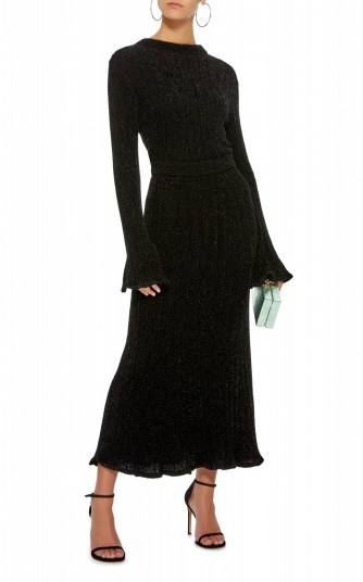 Brandon Maxwell Ruffled Rib-Knit Midi Dress in Black | luxe metallic-thread knitwear - flipped