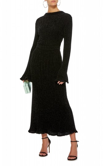 Brandon Maxwell Ruffled Rib-Knit Midi Dress in Black | luxe metallic-thread knitwear