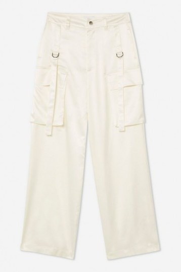 TOPSHOP 90’S Satin Wide Leg Trousers in Cream ~ slinky combat pants - flipped