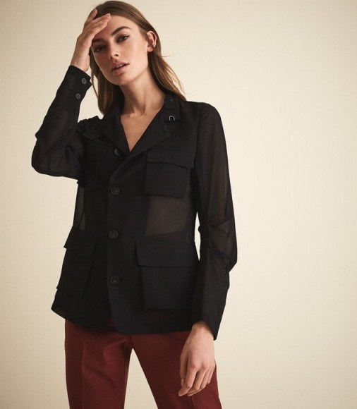 REISS SABRI SHEER UTILITY DETAIL BLOUSE BLACK ~ essential style clothing - flipped