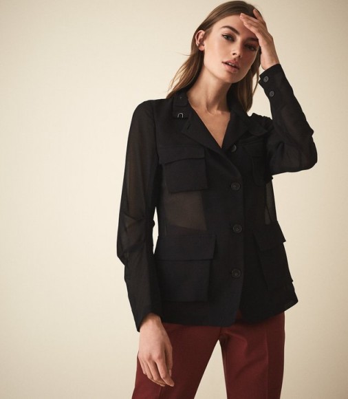 REISS SABRI SHEER UTILITY DETAIL BLOUSE BLACK ~ essential style clothing