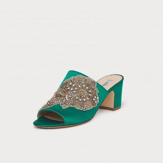L.K. Bennett SABRINA CRYSTAL EMBELLISHED GREEN SATIN MULES ~ luxe evening mule - flipped