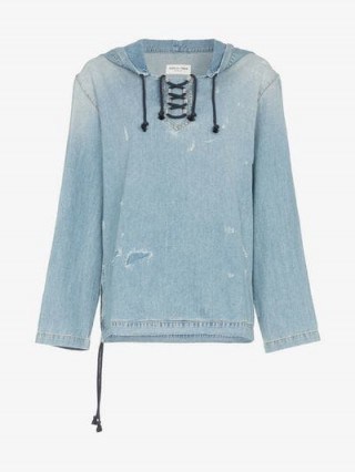 Saint Laurent Distressed Detail Lace-Up Hooded Blue Denim Jumper ~ ripped designer hoodie - flipped