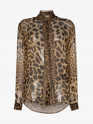 Saint Laurent Leopard Sheer Silk Tie Neck Blouse ~ glamorous blouses