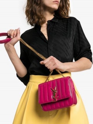 Saint Laurent Pink Vicky Small Patent Leather Shoulder Bag ~ gold chain quilted bags - flipped
