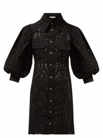 GANNI Sandrose black cotton broderie anglaise mini dress ~ balloon sleeve shirt dress - flipped