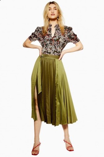 Topshop Satin Pleat Midi Skirt in Khaki | floaty green pleated skirts - flipped
