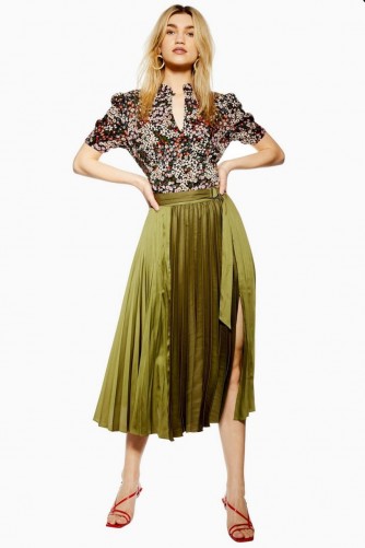 Topshop Satin Pleat Midi Skirt in Khaki | floaty green pleated skirts