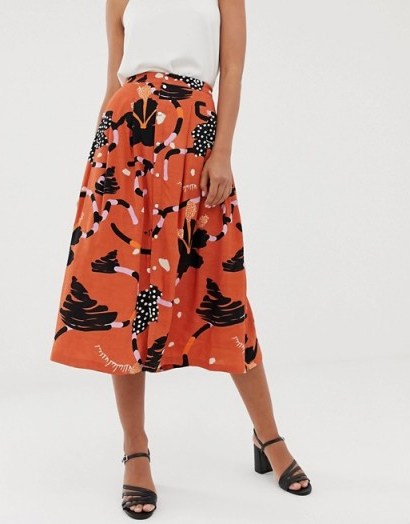 Selected Femme button down midi skirt in abstract print in mango - flipped