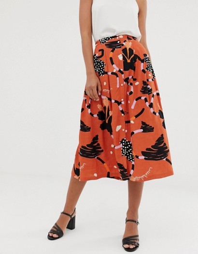Selected Femme button down midi skirt in abstract print in mango