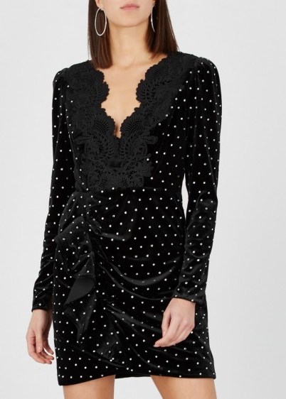 SELF-PORTRAIT Black crystal-embellished velvet mini dress – ruched & ruffled - flipped