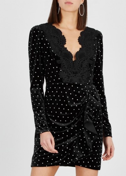 SELF-PORTRAIT Black crystal-embellished velvet mini dress – ruched & ruffled