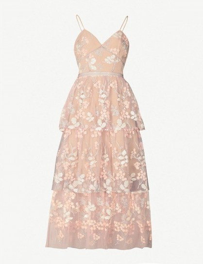 SELF-PORTRAIT Floral embellished tulle midi dress in pink – luxe cami strap party dresses - flipped