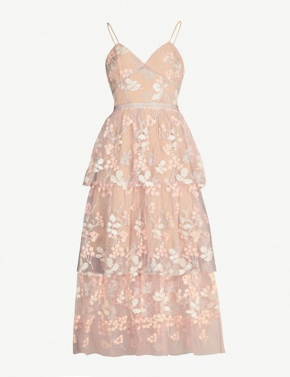 SELF-PORTRAIT Floral embellished tulle midi dress in pink – luxe cami strap party dresses