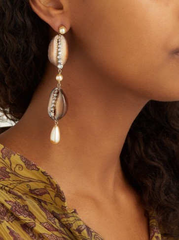 ETRO Shell, crystal and faux-pearl drop earrings ~ brown boho jewellery