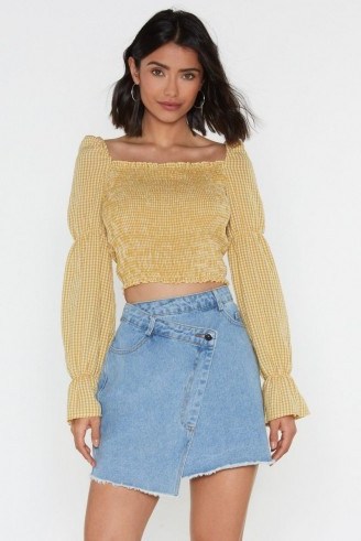 nasty gal Shirred Wheel Square Neck Check Blouse in mustard ~ dark-yellow smocked top - flipped