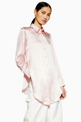 Topshop Boutique Side Split Silk Shirt in Pale Pink | silky longline shirts - flipped