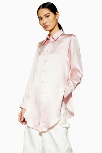 Topshop Boutique Side Split Silk Shirt in Pale Pink | silky longline shirts