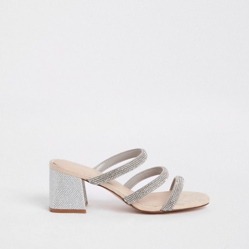 RIVER ISLAND Silver diamante embellished block heel mules ~ chunky heeled party shoes - flipped