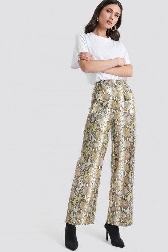 NA-KD Trend ~ Snake Printed Pu Pants Beige – high waist / wide leg trousers - flipped