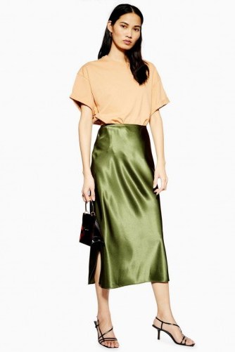 Topshop Split Satin Bias Midi Skirt in Olive | dark-green slinky skirts - flipped