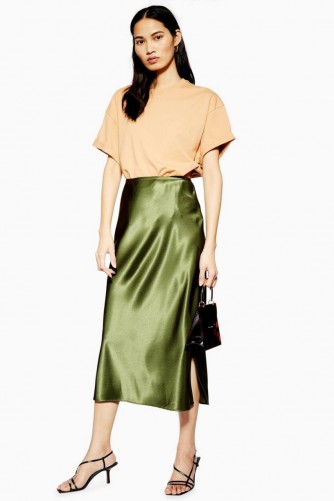 Topshop Split Satin Bias Midi Skirt in Olive | dark-green slinky skirts