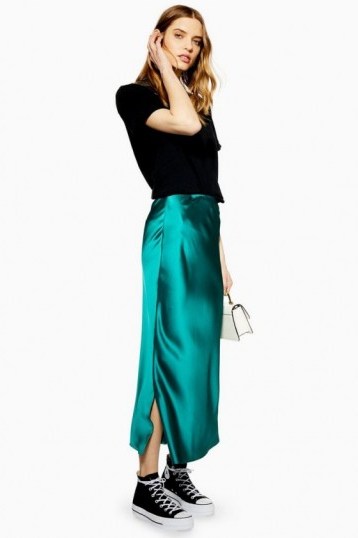TOPSHOP Split Side Satin Bias Midi Skirt in Emerald – slinky skirts - flipped