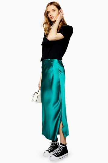TOPSHOP Split Side Satin Bias Midi Skirt in Emerald – slinky skirts