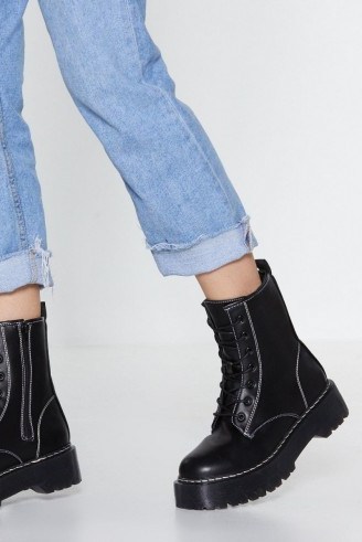 NASTY GAL Stitch-y Situation Biker Boot in black – chunky combat boots - flipped
