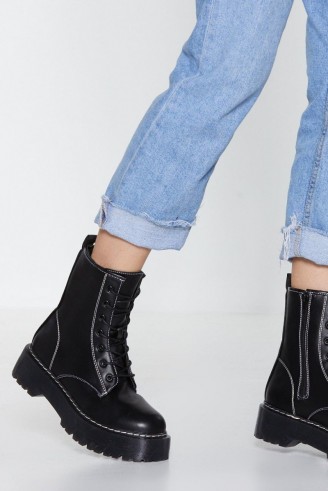 NASTY GAL Stitch-y Situation Biker Boot in black – chunky combat boots