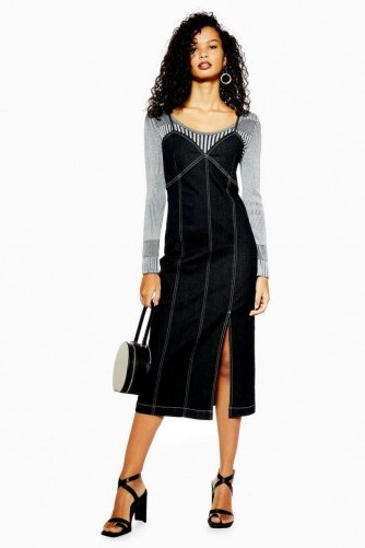 Topshop Stretch Denim Midi Dress in Black | thin strap dresses - flipped