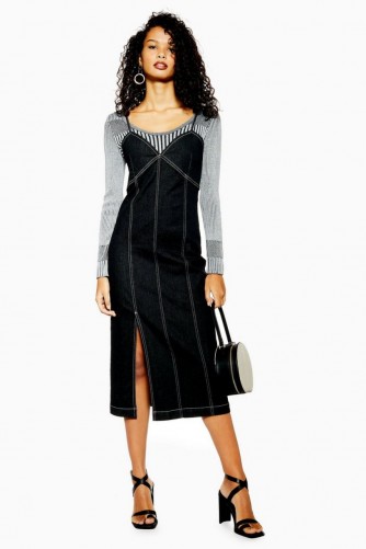 Topshop Stretch Denim Midi Dress in Black | thin strap dresses