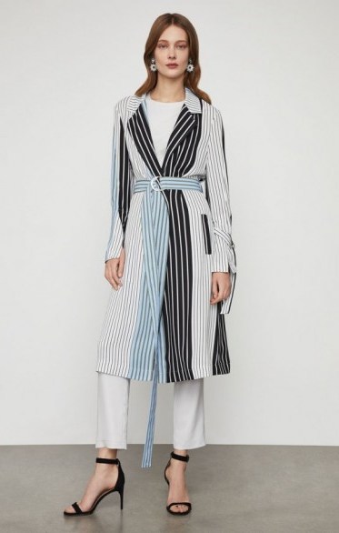BCBGMAXAZRIA Striped Long Trench Coat in Placid Blue ~ coats with individual style ~ BCBG Max Azria clothing - flipped