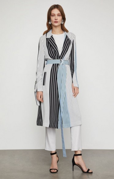 BCBGMAXAZRIA Striped Long Trench Coat in Placid Blue ~ coats with individual style ~ BCBG Max Azria clothing