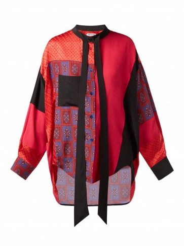 BALENCIAGA Swing patchwork print-panel silk blouse in red - flipped